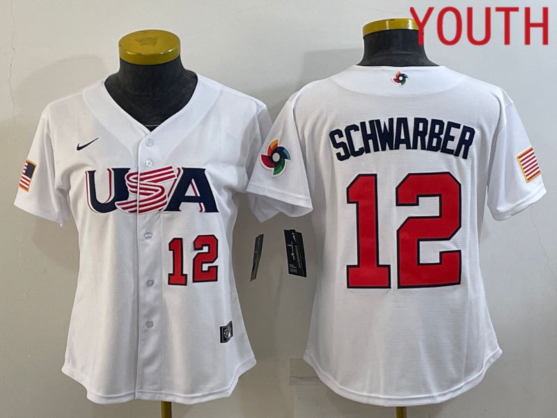Youth 2023 World Cub USA 12 Schwarber White MLB Jersey6